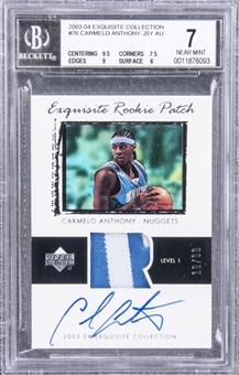 2003-04 UD "Exquisite Collection" Rookie Patch #76 Carmelo Anthony Signed Patch Rookie Card (#10/99) – BGS NM 7/BGS 9
